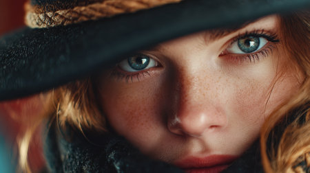 A young woman with beautiful blue eyes is featured in close-up. She wears a stylish hat and a warm scarf, exuding a cozy and inviting vibe during the winter season.の素材