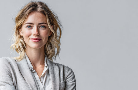 A young woman stands smiling with a relaxed posture against a plain gray backdrop. She wears a light sweater over a shirt, exuding confidence and warmth in her expression.の素材