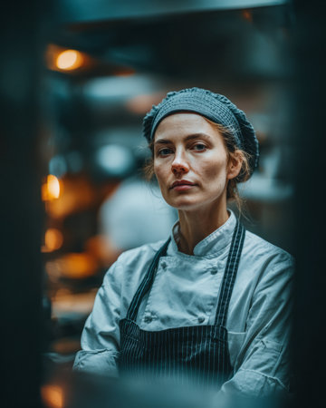 A focused chef stands in a busy kitchen as the evening service begins. She wears a chef coat and hat, surrounded by the activity of her team and the aroma of delicious food.の素材