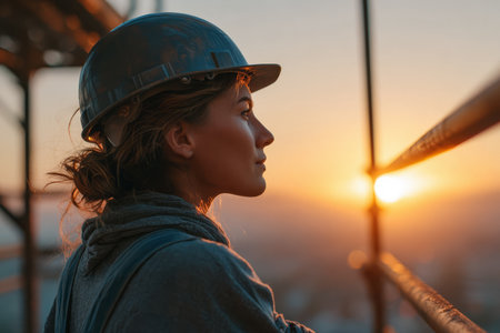 A woman in a hard hat stands on a construction site, observing the sunset. The sky is filled with warm colors, illuminating her thoughtful face. The scene captures dedication and reflection.の素材