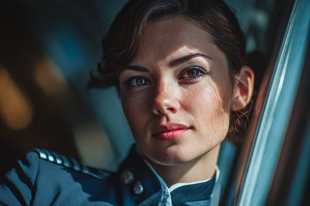 A young woman dressed in a military uniform poses thoughtfully, reflecting determination. Soft light highlights her features, creating an inspiring atmosphere that captures her spirit.の素材