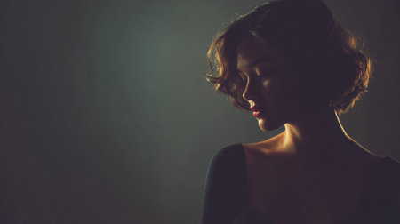 A woman with curly hair gazes downward in a softly lit studio. The gentle shadows highlight her features, creating a calm and reflective mood during the evening.の素材
