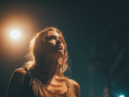 A woman stands alone in a dimly lit urban area at night. She gazes upward, captivated by the surroundings while a streetlight casts a warm glow on her face.の素材