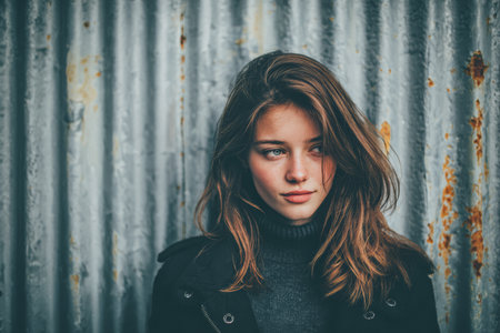 A young woman stands confidently against a rustic metal wall, her long hair flowing and illuminated by soft evening light. She gazes thoughtfully, embodying urban chic style in this moment.の素材
