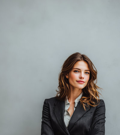 A professional woman is standing confidently against a gray wall, wearing a stylish suit and displaying a poised expression. This setting highlights her professionalism and charisma.の素材