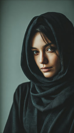A young woman wearing a dark hijab stands confidently against a simple background. Her deep gaze and calm expression convey a sense of strength and elegance.の素材