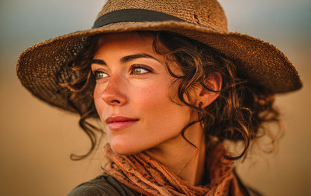 A woman with curly hair enjoys the warm glow of sunset while wearing a straw hat and scarf. Her gaze is relaxed as she stands against a soft, natural background.の素材