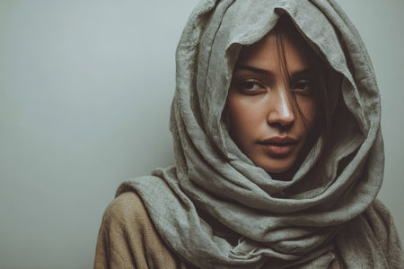 A woman with a beautiful face wears a grey scarf wrapped around her head, gazing softly at the camera. The soft lighting enhances her calm and serene expression, creating an intimate mood.の素材