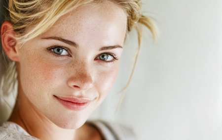 A young woman is smiling warmly with light freckles adorning her cheeks. Her vibrant blue eyes are striking against a soft indoor background, highlighting her natural beauty.の素材