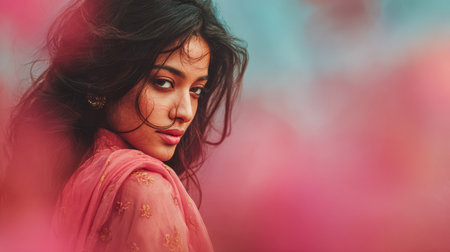 A young woman with dark hair wears a pink outfit and gazes back with a subtle smile, surrounded by colorful flowers on a bright day, creating a serene and lively atmosphere.の素材