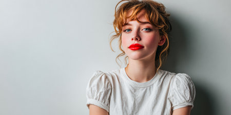 A young woman with curly hair and bright red lips stands confidently against a light gray wall. She wears a simple white t-shirt and gazes directly at the camera, exuding a playful vibe.の素材