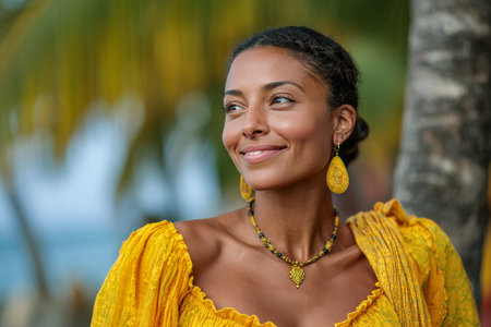 A woman wearing a bright yellow dress and matching jewelry smiles warmly as she enjoys a sunny day by the beach. Tropical trees sway gently in the background.の素材