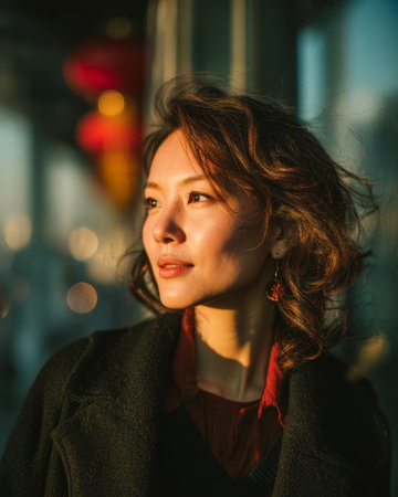 A woman stands in a lively city area during golden hour, sunlight highlighting her features. She appears contemplative, surrounded by warm colors and soft light.の素材