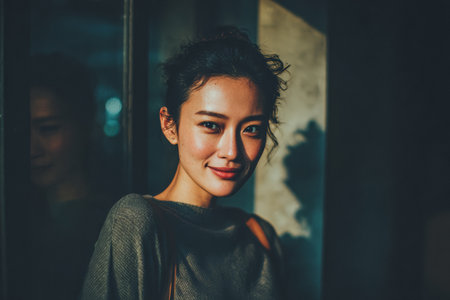A woman stands in a softly lit space, her joyful expression captured against a backdrop of warm shadows. Golden hour light accentuates her features, creating a serene atmosphere.の素材