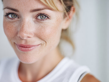A woman with freckles and clear blue eyes smiles warmly, radiating happiness. The soft, bright background enhances her cheerful expression and natural beauty.の素材