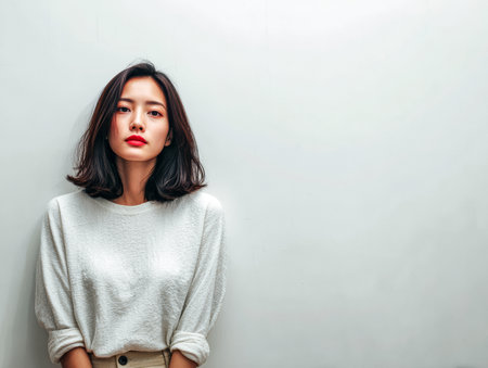A woman stands gracefully against a light-colored wall, wearing a comfortable sweater. Her short hair frames her face while she exudes a calm and confident aura.の素材