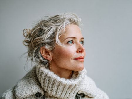 A woman with light hair and blue eyes smiles gently while wearing a warm sweater. She is posed against a soft, neutral backdrop, creating a calm atmosphere.の素材
