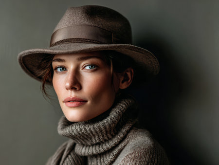 A woman poses in a neutral-toned space, wearing a stylish hat and a cozy turtleneck sweater. The soft lighting highlights her natural beauty and serene expression.の素材