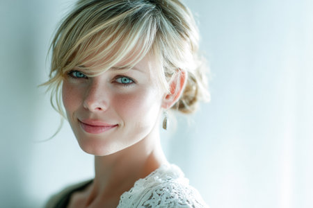 A woman with blue eyes and a soft smile poses confidently. Her light hairstyle frames her face, highlighting her features against a bright background. The atmosphere is calm and inviting.の素材