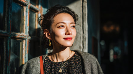 A woman leans against a window, enjoying natural light as it illuminates her face. She shows a calm expression and wears simple jewelry, embodying a serene moment in a cozy, urban space.の素材