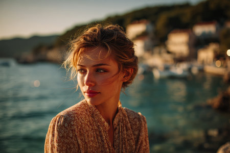 A young woman gazes thoughtfully towards the water, framed by soft sunlight. The tranquil environment reflects the charm of a coastal town at dusk, inviting calmness.の素材