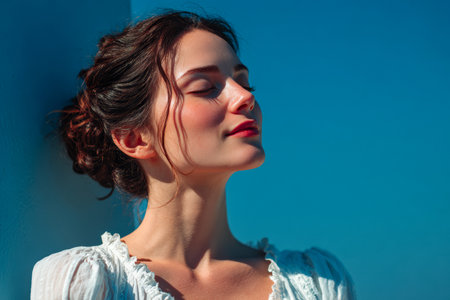 A woman stands outside, basking in the warm sunlight. With her eyes closed and a gentle smile, she appears calm and content, radiating a sense of peace and happiness.の素材