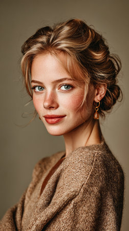 A young woman poses gracefully with a soft smile, wearing a cozy sweater. Her hair is styled in a loose updo, and she has natural makeup that highlights her features against a warm background.の素材