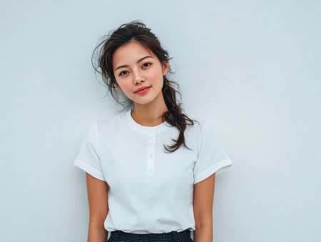A young woman poses against a light-colored wall, wearing a casual white shirt and showing a relaxed demeanor. Her hair is styled in loose waves, highlighting her natural beauty.の素材