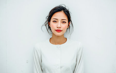 A young woman stands confidently against a plain white wall. She has a natural look with minimal makeup and wears a light-colored outfit, highlighting her serene and calm expression.の素材
