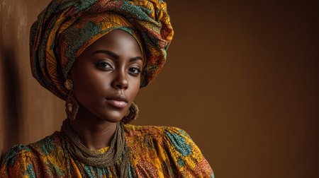 A woman showcases her beauty in rich, colorful traditional clothing and headwrap. The soft lighting highlights her features and the intricate patterns of her attire.の素材