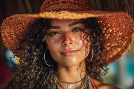 A woman with curly hair wears a wide sun hat and casual beach jewelry while enjoying the warm glow of sunset on a tropical beach. The scene conveys summer leisure and relaxation.の素材