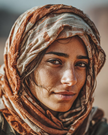 A young woman gazes confidently into the camera, her face illuminated by the warm light of the setting sun. She wears a colorful scarf and is surrounded by a desert backdrop.の素材