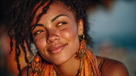 A young woman with curly hair and freckles is sitting by the beach, smiling warmly. She is adorned with colorful jewelry, enjoying the sunny weather and ocean breeze.の素材
