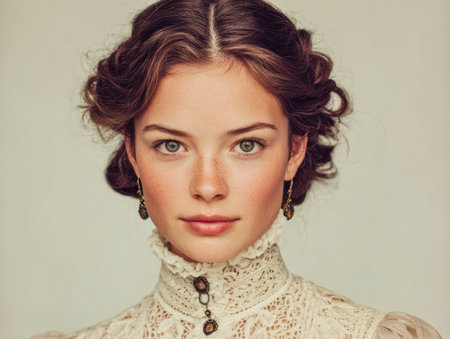 A young woman with a delicate, vintage-style dress and an intricate hairstyle confidently poses in soft, neutral light. Her expression captures a timeless elegance and charm.の素材