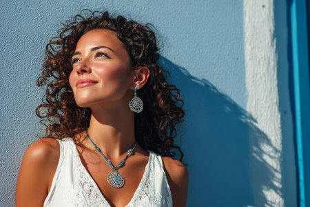 A woman with curly hair stands near a light blue wall, wearing a white top and unique jewelry. She gazes upward, smiling softly as sunlight illuminates her face, creating a warm atmosphere.の素材