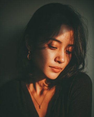 A woman gazes downward, illuminated by warm, soft light that accentuates her serene expression and highlights her delicate features. The atmosphere is calm and intimate.の素材