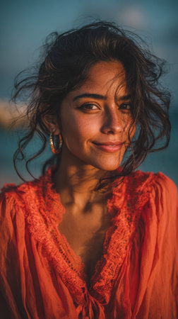 A young woman with curly hair stands on the beach, smiling softly as the sunset casts a warm light. She wears a bright orange top, enhancing her cheerful demeanor against the serene backdrop.の素材