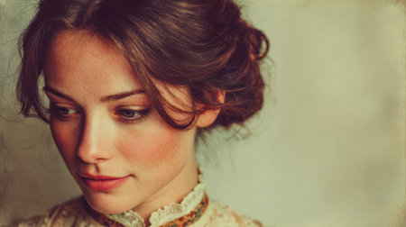 A young woman with long brown hair is dressed in vintage attire. She looks down pensively, exuding a sense of calm and grace against a soft, neutral background.の素材