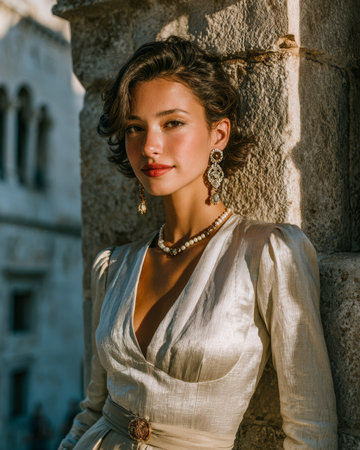 A young woman stands confidently next to a weathered stone wall, wearing an elegant dress and ornate jewelry, radiating beauty in the golden light of late afternoon.の素材