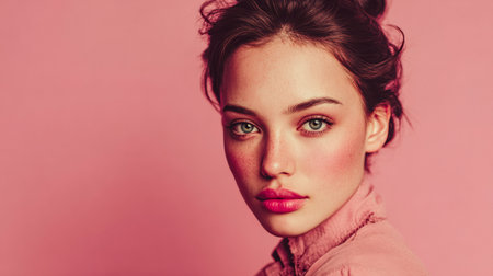 A young woman with captivating green eyes and soft makeup stands serenely against a pink backdrop. Her expression is calm and engaging, showcasing the beauty of the moment.の素材