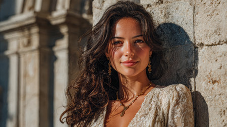 Young woman stands by a weathered stone wall, illuminated by soft sunlight. She has long, wavy hair and wears delicate jewelry, exuding a calm and joyful presence in a historic setting.の素材