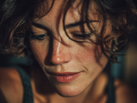A woman with wavy, curly hair is captured in a close-up shot, expressing calmness and contemplation. Soft golden light highlights her features, creating a serene atmosphere.の素材