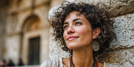 A woman with curly hair enjoys the warm late afternoon light as she leans against a textured stone wall. Her relaxed pose suggests a peaceful moment. The scenery appears historic and inviting.の素材