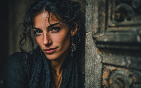 A woman with curly hair leans against a detailed stone wall, showcasing her natural beauty. The soft light highlights her confident expression and intricate earrings.の素材