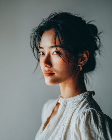 A young woman poses gracefully with soft lighting highlighting her features. She has dark hair tied up and wears a light, flowing top that adds to her elegant appearance.の素材
