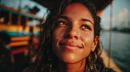 Against a scenic riverside backdrop, a woman with curly hair gazes into the distance, her expression thoughtful and serene as warm sunlight highlights her features.の素材