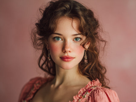 A young woman with curly hair wears a pink dress and elegant earrings. She gazes confidently at the camera, her soft makeup enhancing her natural beauty in a gentle, warm environment.の素材