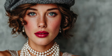 A young woman with striking blue eyes and curly hair wears a fashionable hat and layers of pearl necklaces. She radiates confidence in this chic and elegant setting.の素材
