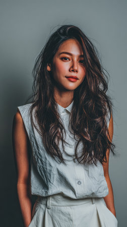 A young woman stands confidently with long, flowing hair, dressed in a chic sleeveless top. Her expression is relaxed and inviting as she poses against a simple backdrop.の素材