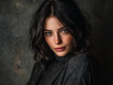 A young woman gazes gently at the camera, her blue eyes and wavy hair capturing attention. She wears a warm sweater, creating an inviting atmosphere against a soft backdrop.の素材
